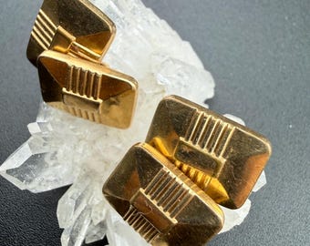 cuff links rectangle French vintage art deco CM DIAL stamps gold plated metal midcentury modern suit accessory cufflinks for the groom 1950s