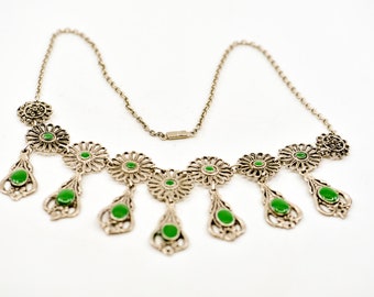 bib necklace vintage silver green cabochon floral teardrop tiered drop arrangement ornate costume statement jewellery necklace MCM 60s rare