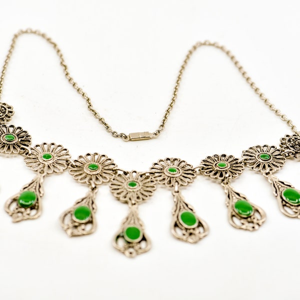 bib necklace vintage silver green cabochon floral teardrop tiered drop arrangement ornate costume statement jewellery necklace MCM 60s rare