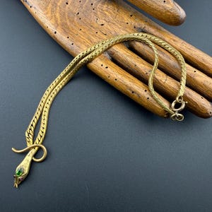 Può includere: Una collana a forma di serpente color oro con una catena testurizzata simile a scaglie che ne forma il corpo. La testa del serpente è decorata con una pietra preziosa verde ovale al centro e due piccole pietre rosse per gli occhi, con chiusura tonda.