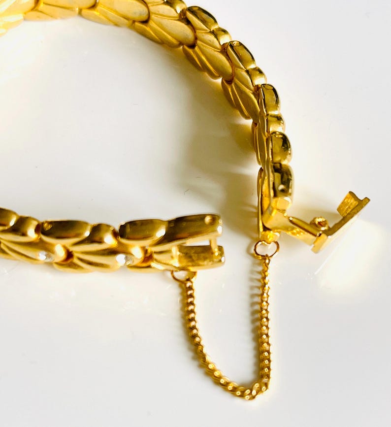 link chain bracelet French vintage polished gold tone jewelry speciality articulated diamanté safety chain mid century modern gift under 50