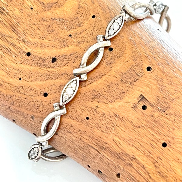 bracelet 925 silver link French vintage hallmarked jewellery clear paste interlocking oval links articulated pretty sparkly diamanté gift