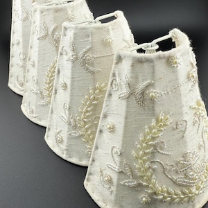 fabulous FOUR antique lampshades French vintage silk hand beaded white half clip light shades bridal wedding table country home decor 1950s