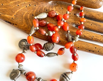 necklace ethnic irregular orange glass bead silver tone metal single long strand faux coral vintage Tibetan hand style jewellery 58g 1970s