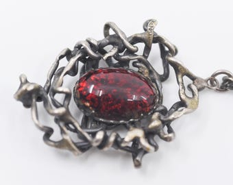 brutalist necklace French vintage large oval sparkly cabochon silver tone metal link chain statement jewellery handmade in France 1970s rare