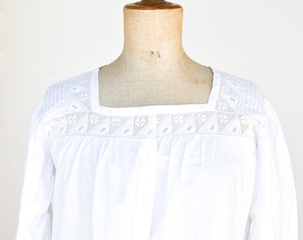 french vintage night dress floaty white cotton long sleeve trapeze hem lace trim nightshirt square neckline chemise de nuit adult size FR40