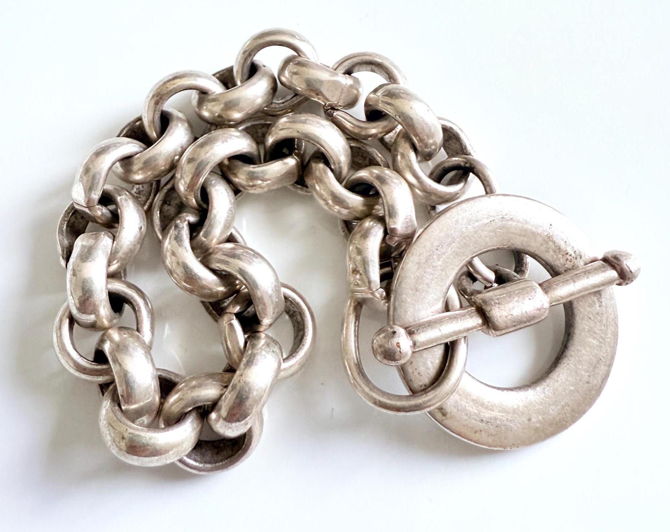 Bracelet Vintage Argenté à Grosses Mailles - Chaîne Large, Occasion En Bon état