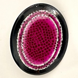 lea stein brooch pin stamp geometric purple black oval genuine French vintage collectible midcentury modern celluloid acetate jewellery 70s