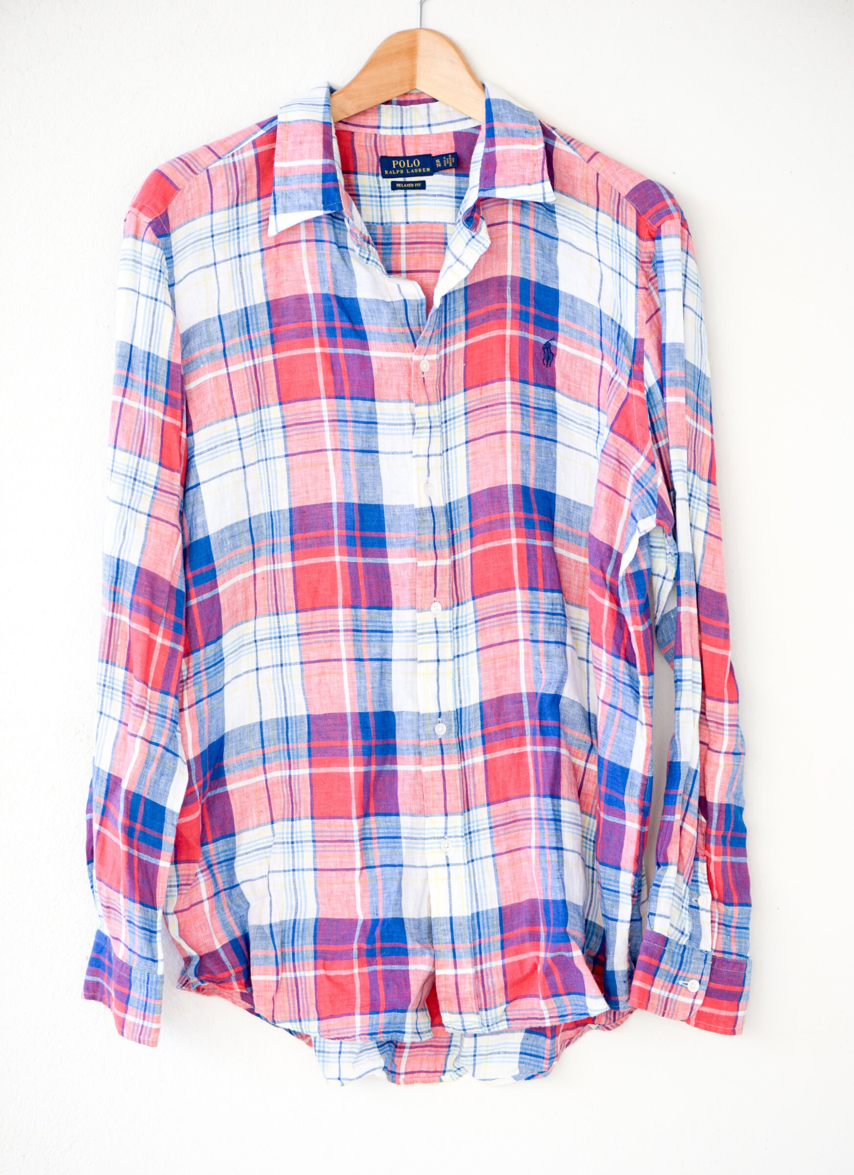 Image of Shirt Vintage Ralph Lauren Polo Long Sleeve Plaid Red Blue Linen Cn Mix Unisex Adult Workwear Fashion Relaxed Fit Size Xl