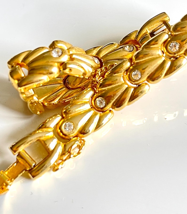 link chain bracelet French vintage polished gold tone jewelry speciality articulated diamanté safety chain mid century modern gift under 50