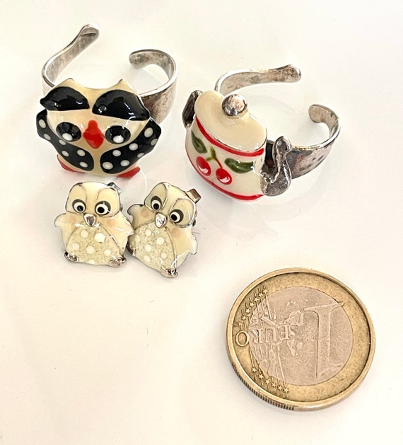 rings earring set owl teapot motif stamp TARATATA… - image 1