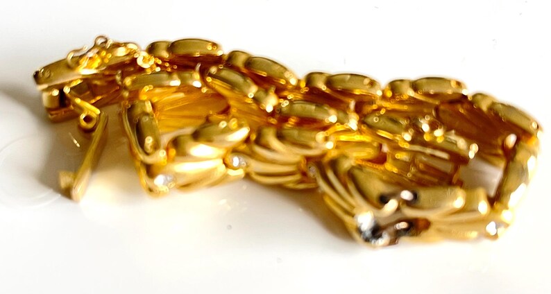 link chain bracelet French vintage polished gold tone jewelry speciality articulated diamanté safety chain mid century modern gift under 50