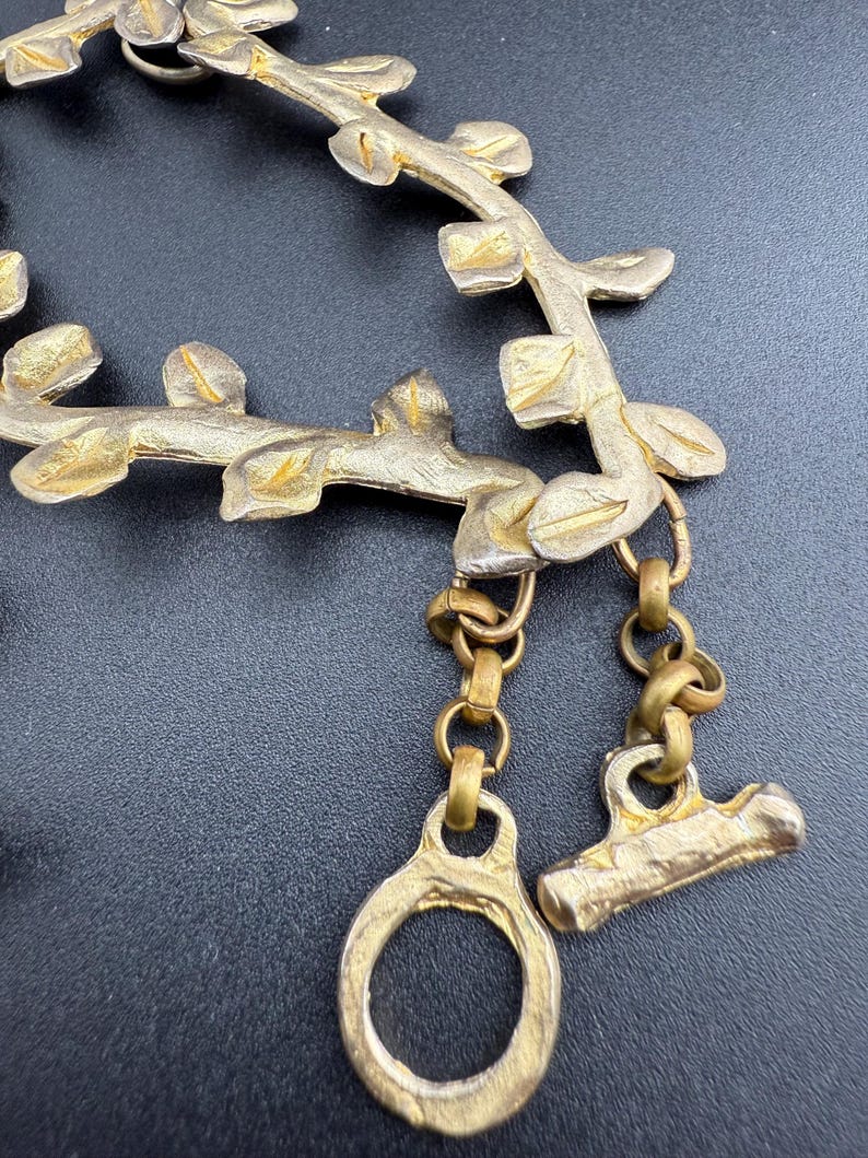 nature inspired choker necklace French vintage costume fashion jewellery gold tone metal link branch leaf collier signed LOOLA PARIS 1980s