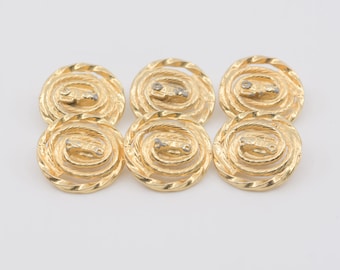 buttons French vintage round gold metal openwork spiral shank back six matching fasteners midcentury modern sewing supply made in France 50s
