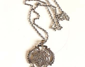 pendant necklace large French art nouveau style silver tone metal abstract garland floral motifs openwork with chain stamps maker marks rare