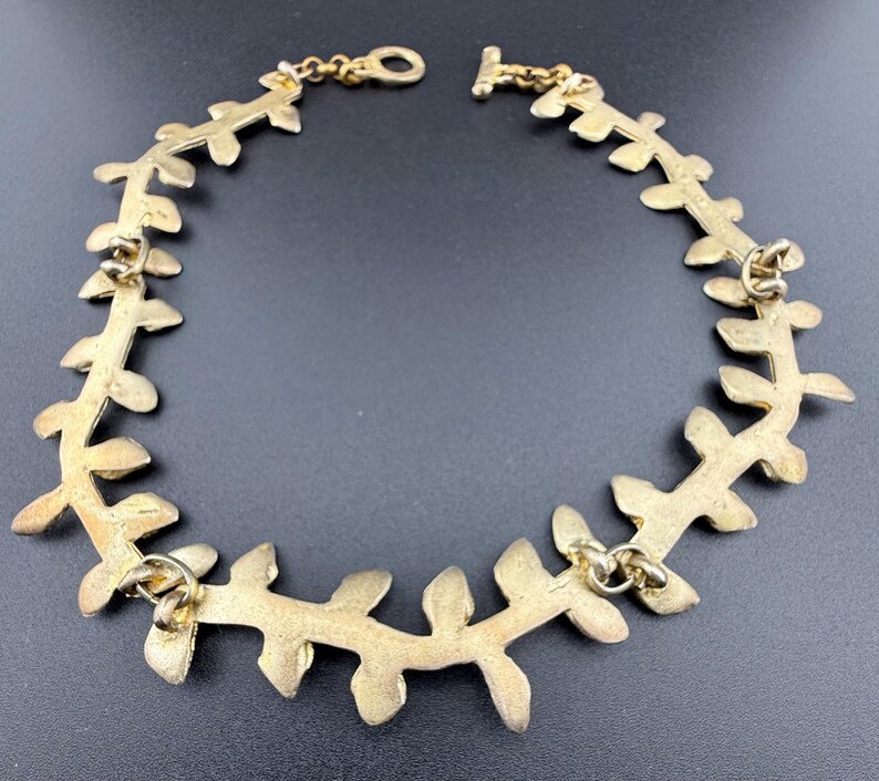 nature inspired choker necklace French vintage costume fashion jewellery gold tone metal link branch leaf collier signed LOOLA PARIS 1980s