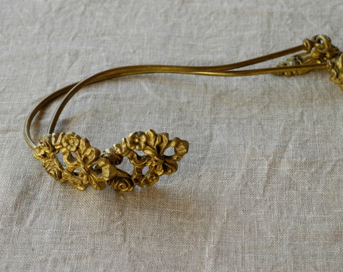French Vintage Brass Curtain Tiebacks / Pair of Architectural Metal