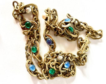 jewellery set French vintage midcentury modern matching long single strand necklace multi strand bracelet textured bronze tone metal rare