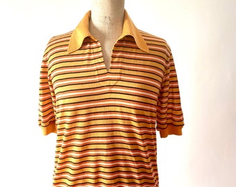summer top French mod preppy vintage by Pierre Cardin Paris orange brown stripes wide wing collar ribbed trim unisex adult size 3 rare 1970s