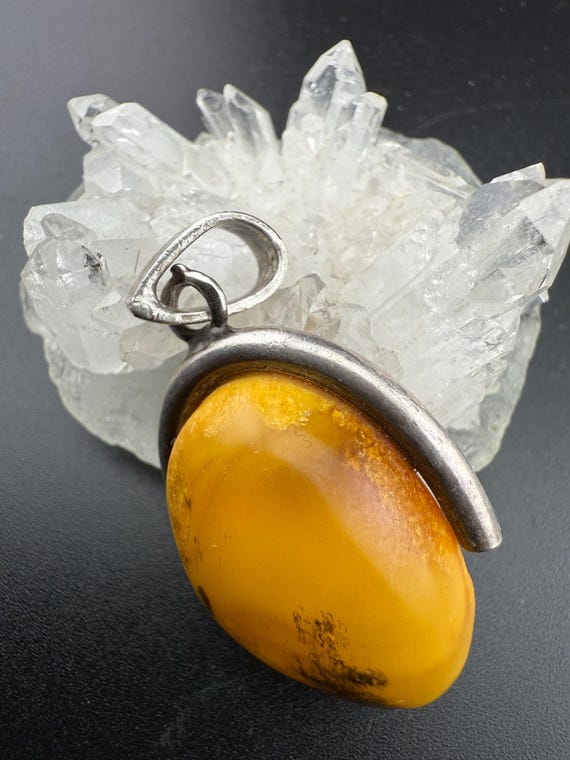 yellow amber cabochon solid silver pendant oval n… - image 6