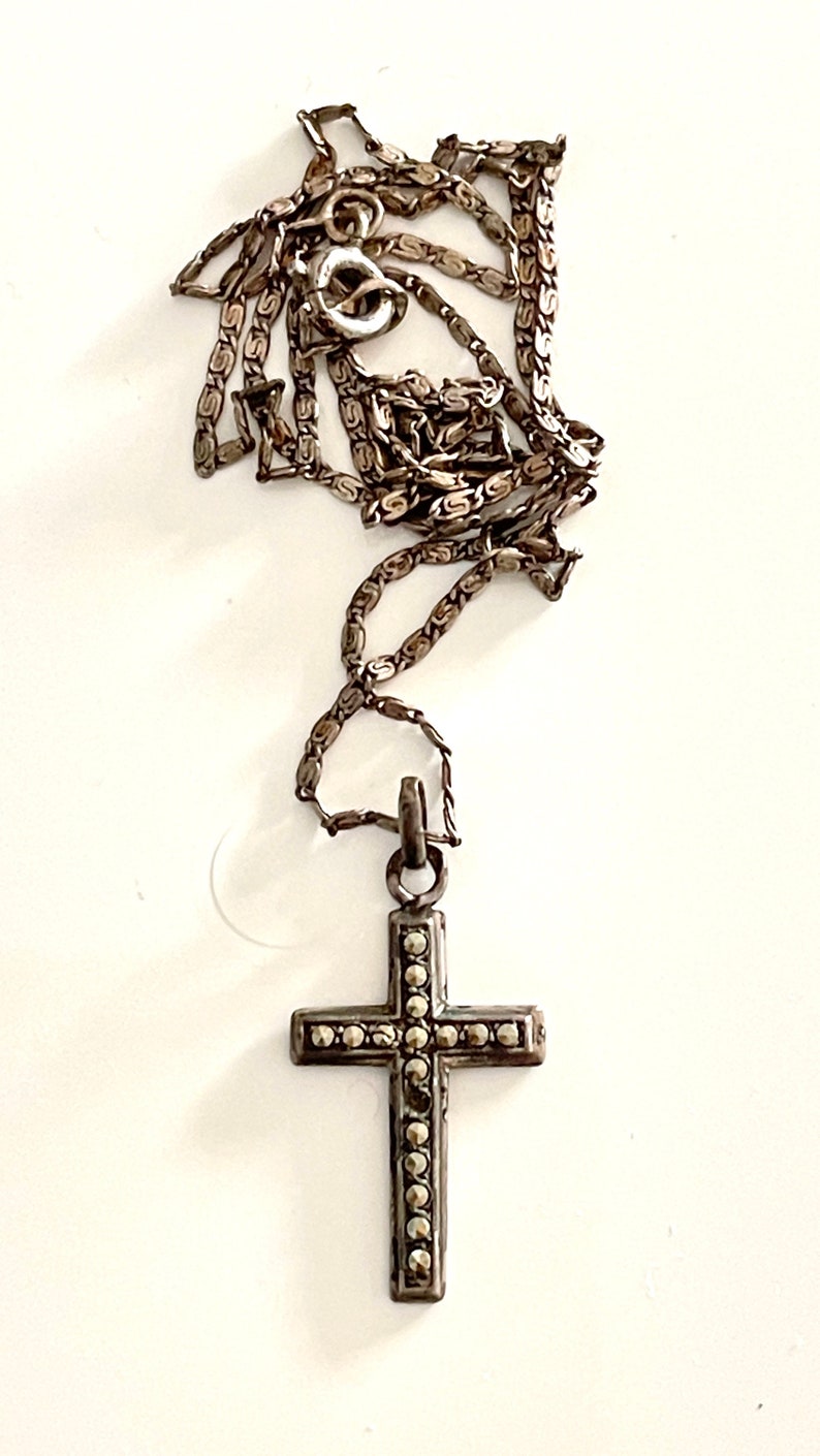 vecchio argento francese vintage piccolo ciondolo croce di LOURDES strass argento specialità catena marchio produttore collana di fede religiosa gioielli antichi 3g immagine 3