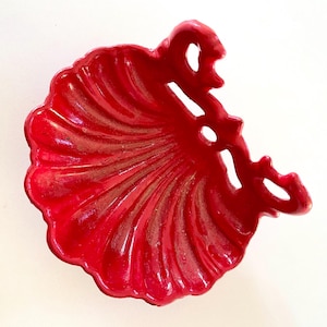 soap dish red French vintage shell footed bathroom painted enamel cast iron hardware country home decor for the sink or wall authentic rare