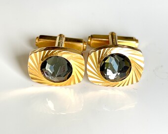 cufflinks plated gold 18k black faceted crystal glass dome cabochon signed FFF stamps French formal vintage wedding jewellery for the groom