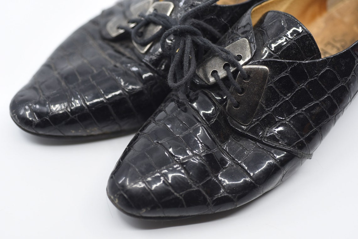 SERVAS shoes black patent mock crock tie shoes lace ups Etsy