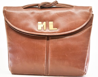 Bolso de mano con monograma, estilo art déco francés, con espejo ML, letras doradas, bolso de mano marrón vintage de cuero, asa con nudo superior, bolso de mano antiguo, década de 1930, raro