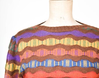 80s RODIER PARIS jumper French vintage designer knitwear colourful intarsia style pullover boat neck acrylic wool long sleeve adult S rare