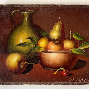 Pintura de naturaleza muerta al óleo sobre lienzo firmada por la artista Violette De Mazia, decoración rústica francesa vintage, cuenco y jarra para fruta de cocina, arte de pared sin marco