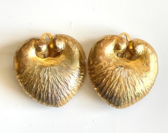 earrings clip-on hearts by ROCHAS Paris French vintage designer jewellery for earlobe textured patinated gold tone metal signed verso 1980s