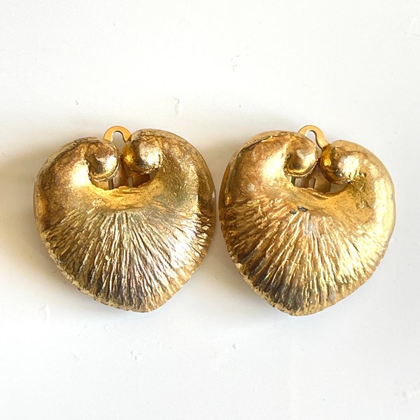 earrings clip-on hearts by ROCHAS Paris French vintage designer jewellery for earlobe textured patinated gold tone metal signed verso 1980s