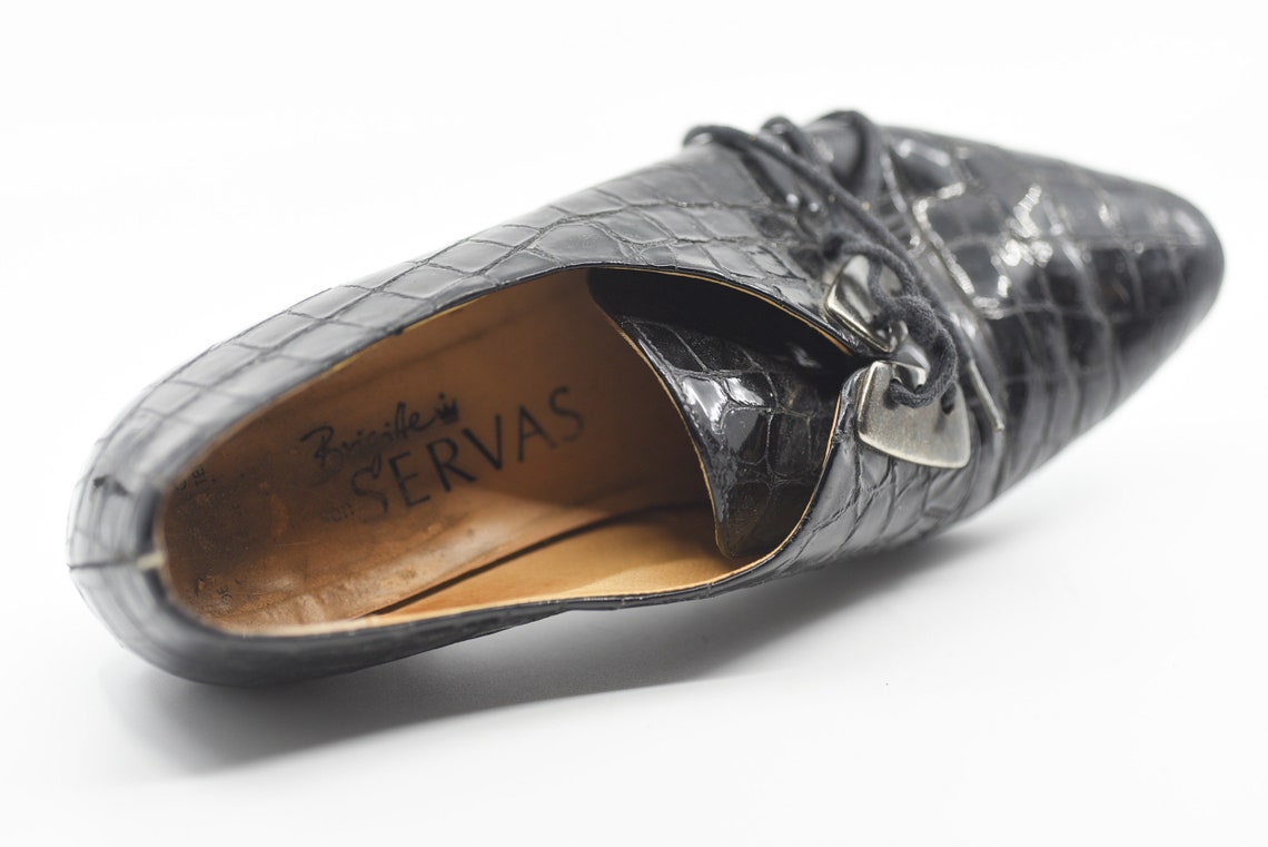 SERVAS shoes black patent mock crock tie shoes lace ups Etsy