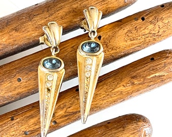 earrings drop dangle stamp ZAPPE pierce ear for earlobe gold tone shell stud blue faceted cabochon paste Austrian vintage crystal jewellery