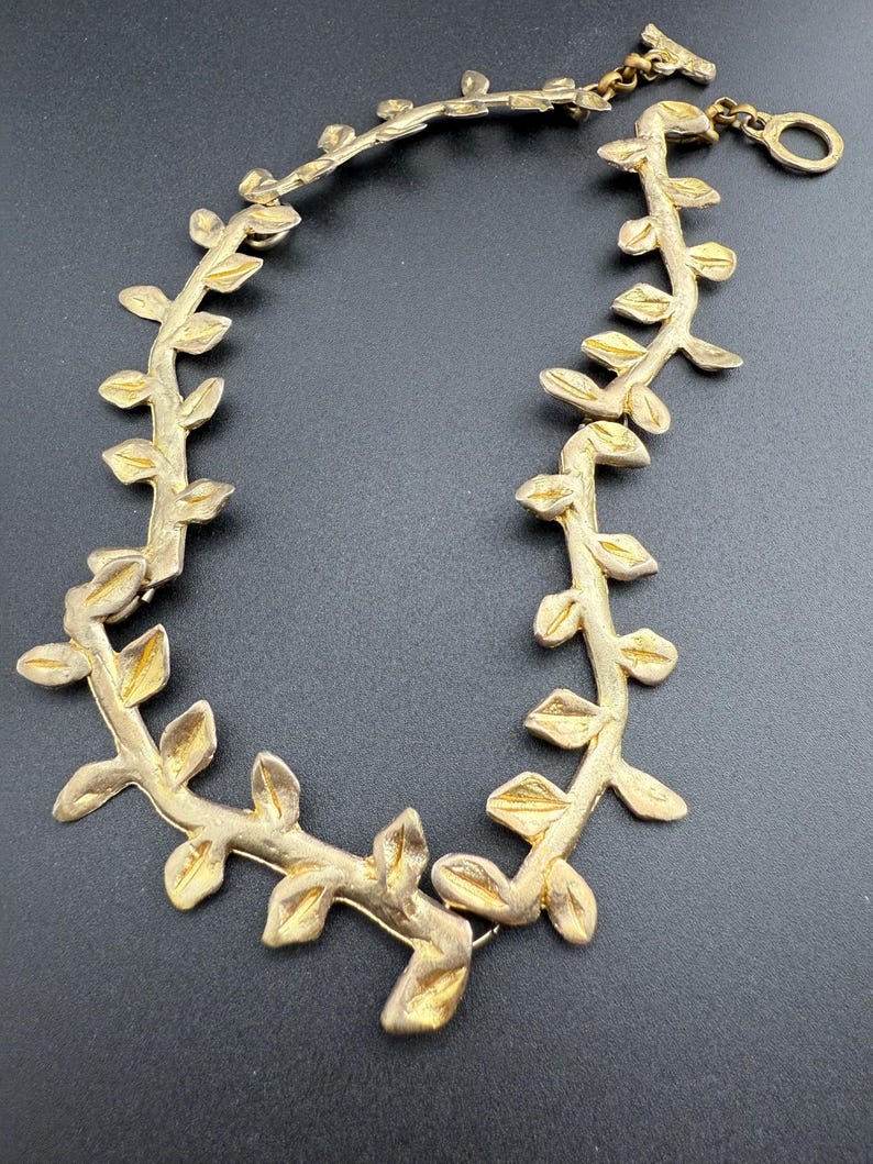 nature inspired choker necklace French vintage costume fashion jewellery gold tone metal link branch leaf collier signed LOOLA PARIS 1980s