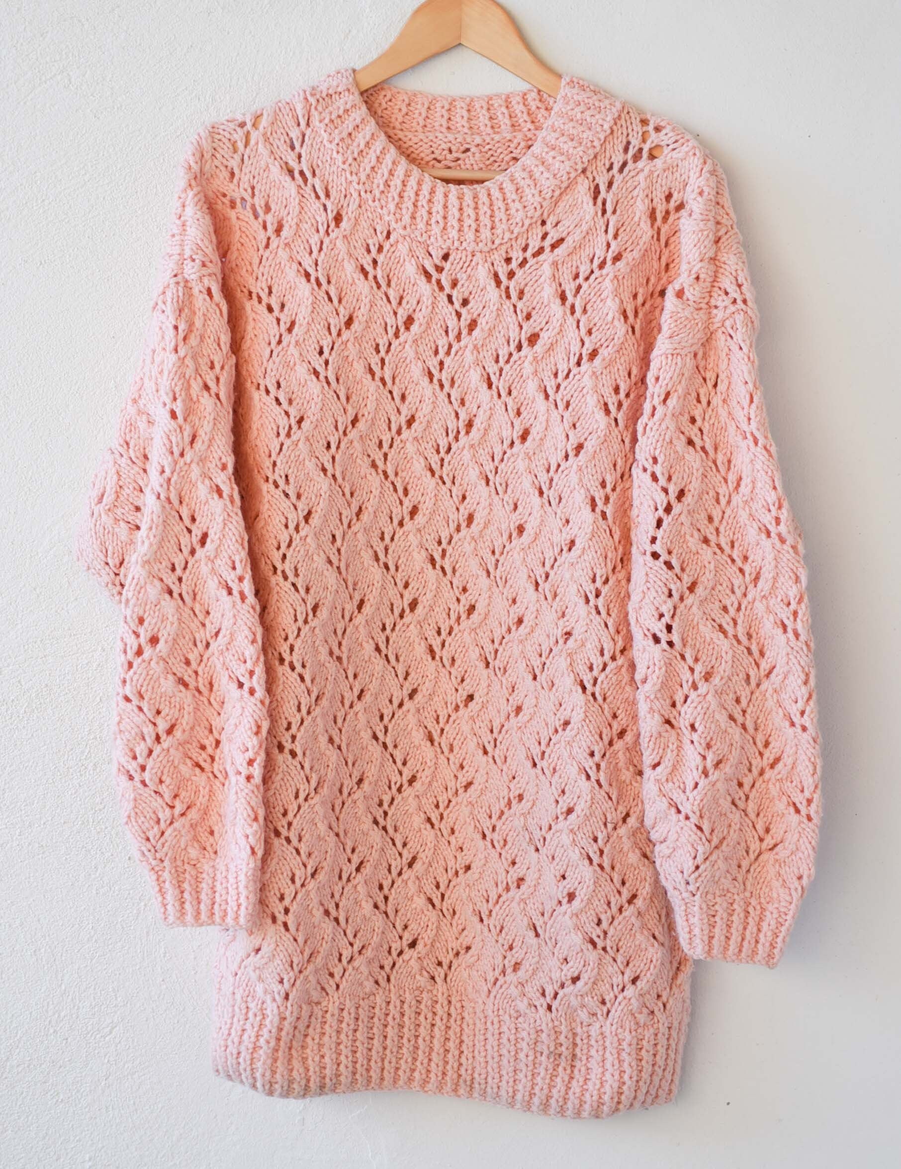 Image of Oversize Chunky Knit Pink Cut Out Long Crew Neck Sweater Wool Blend Pullover Jumper Vintage Handmade Knitted Crochet Made in France S Ooak