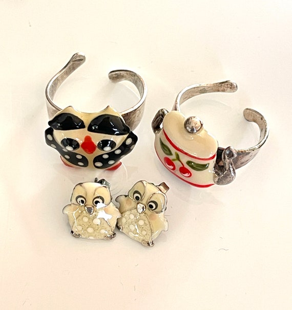 rings earring set owl teapot motif stamp TARATATA… - image 8