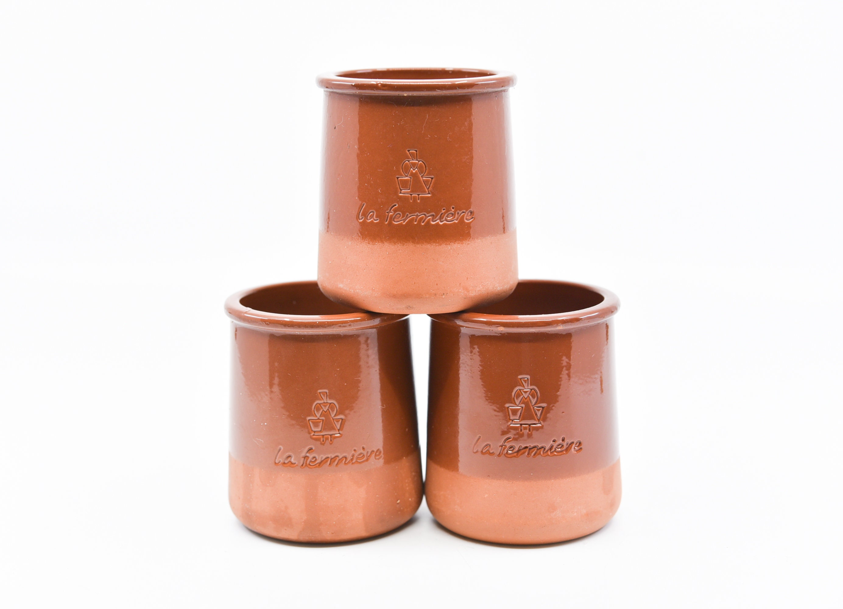 3 brown glaze terracota yogurt pots French vintage La Fermiere matching