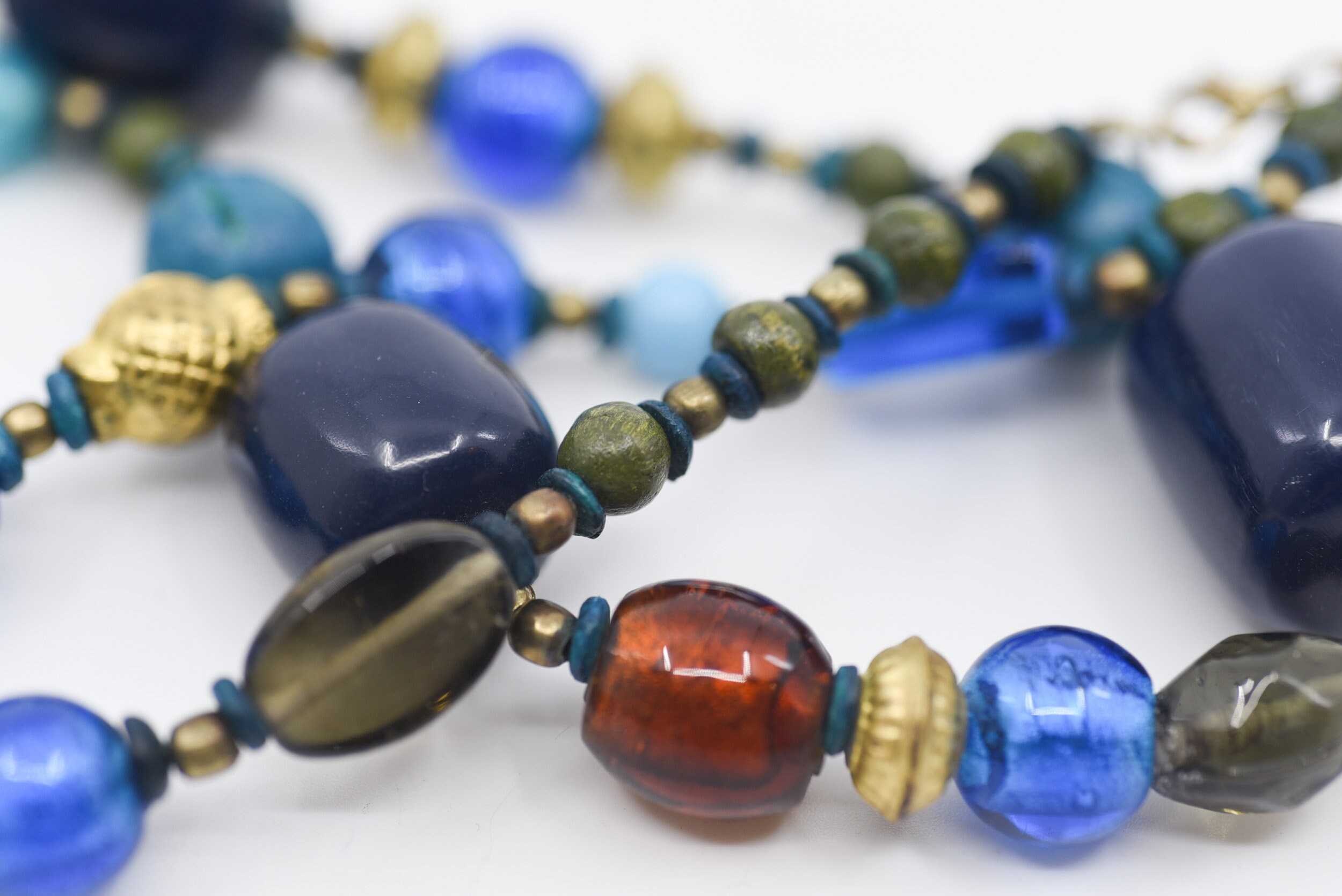 vintage LDADPR mixed bead long statement necklace blue foil glass wood