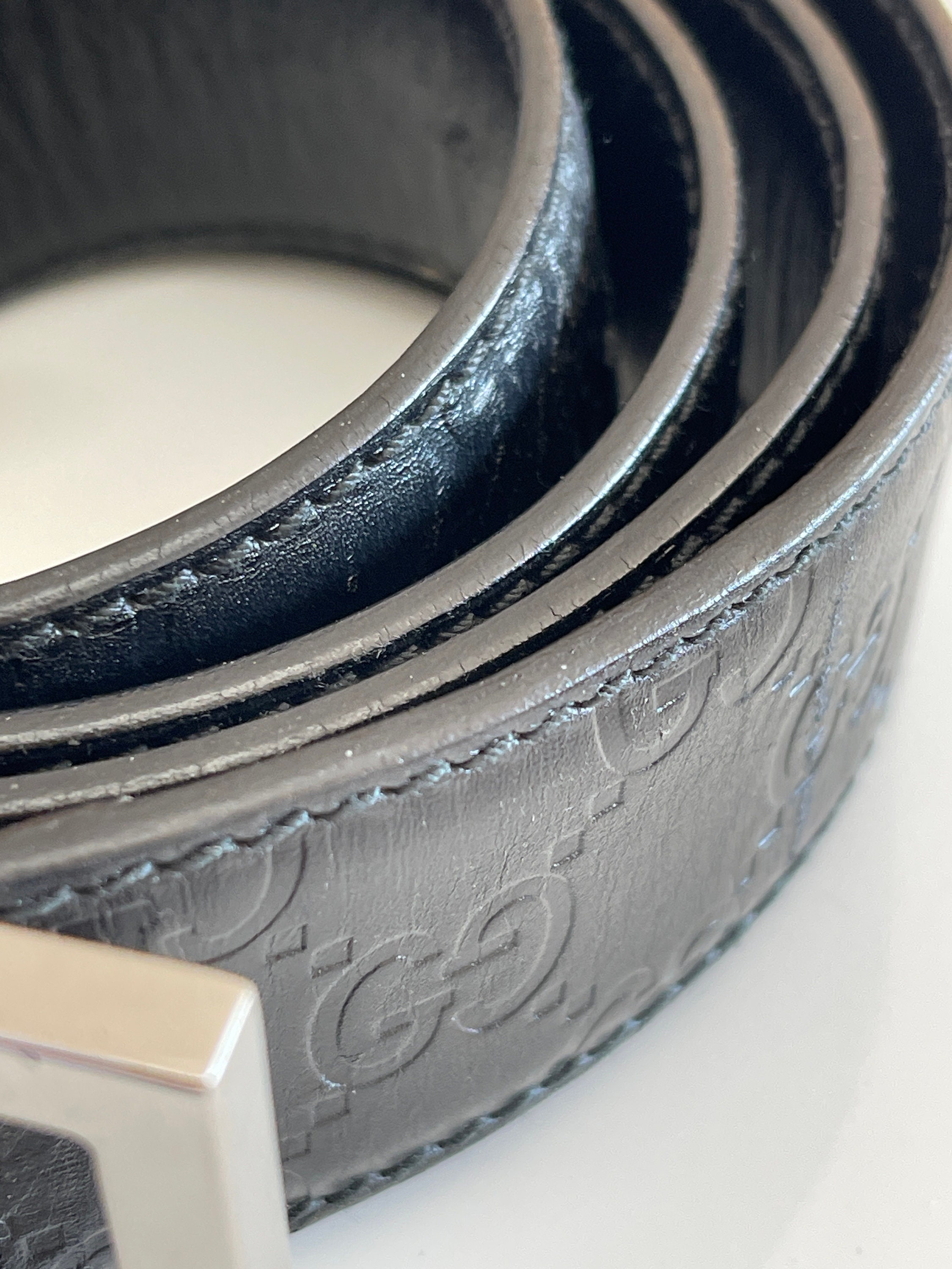 Belt Black Leather GUCCI Authentic G Logo Embossed Polished