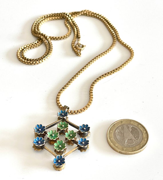 enamel flower pendant necklace French vintage MCM… - image 2