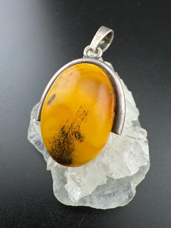 yellow amber cabochon solid silver pendant oval n… - image 1