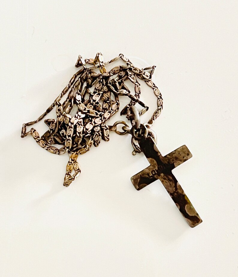 vecchio argento francese vintage piccolo ciondolo croce di LOURDES strass argento specialità catena marchio produttore collana di fede religiosa gioielli antichi 3g immagine 5