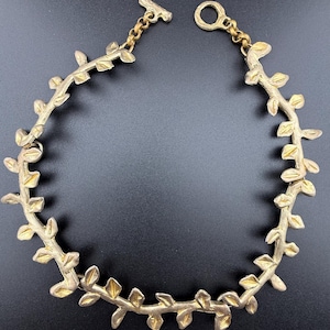 nature inspired choker necklace French vintage costume fashion jewellery gold tone metal link branch leaf collier signed LOOLA PARIS 1980s
