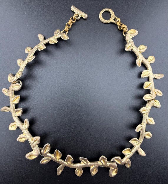 nature inspired choker necklace French vintage costume fashion jewellery gold tone metal link branch leaf collier signed LOOLA PARIS 1980s