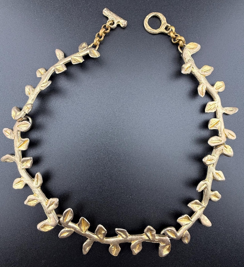 nature inspired choker necklace French vintage costume fashion jewellery gold tone metal link branch leaf collier signed LOOLA PARIS 1980s