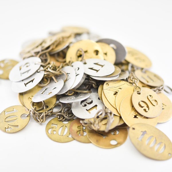 number tags choose from large lot of French vintage brass metal number stencil tokens plates door cutout locker round oval some with chains