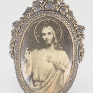 antique miniature Christ framed portrait Jesus oval metal stand up small religious spiritual art black white tint for the table decor rare