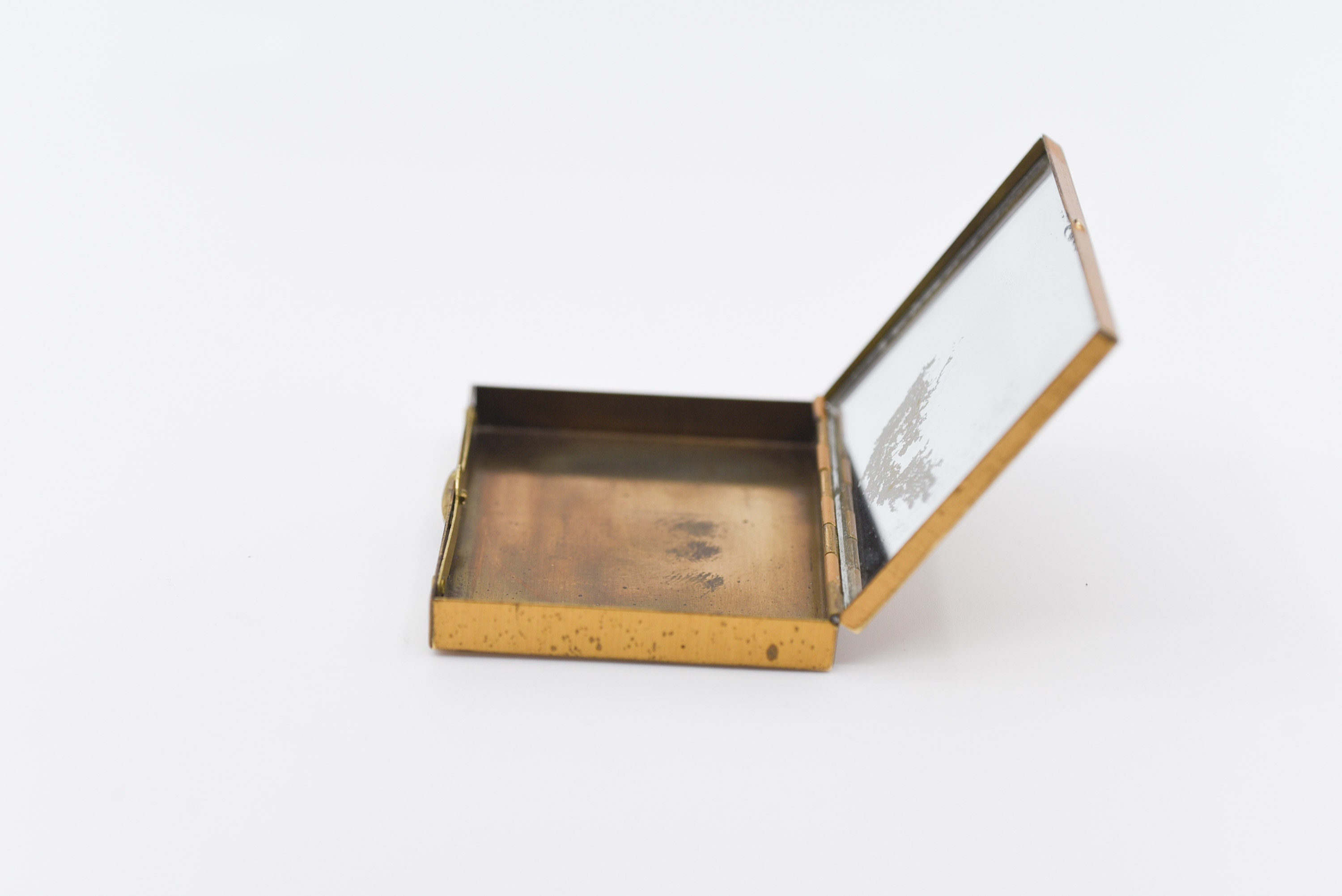 French vintage metal compact mirror box small pocket sized mirror